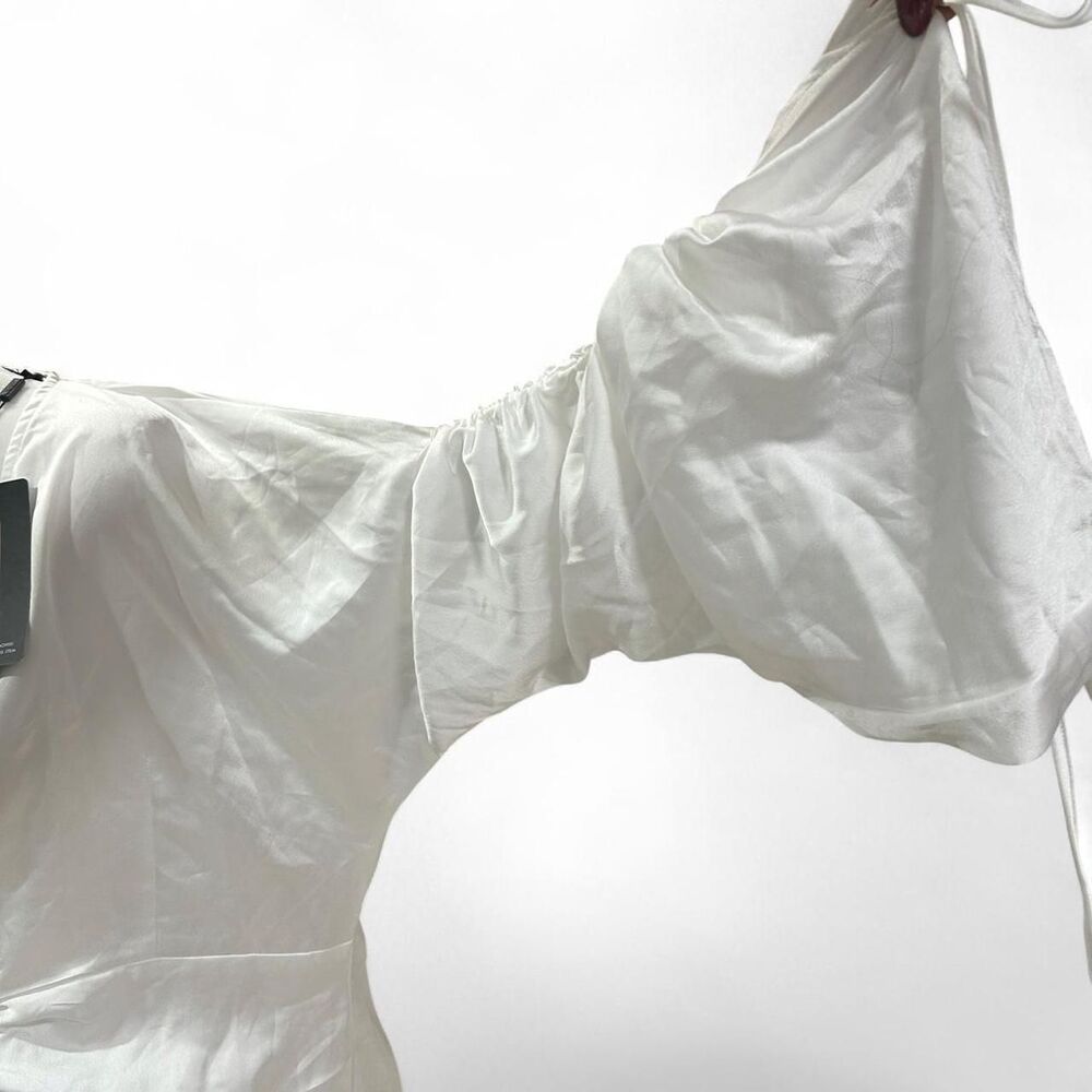 White Satin Plunge Ruched Front Dress - Picture 5 of 8